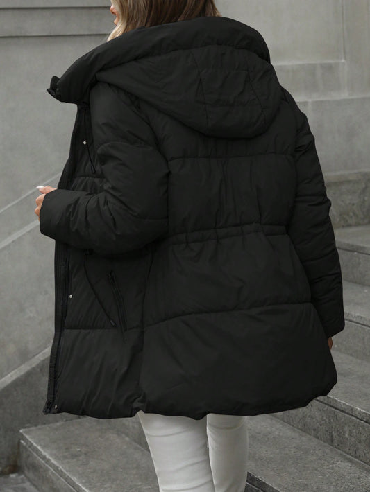 Casual Adjustable Waist Quilted Mid-Length Hooded Padded Padded Coat Clothes Winter For Women