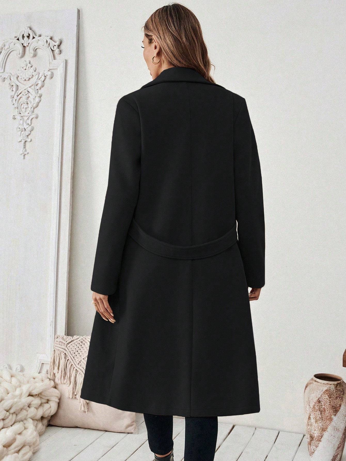Flat Collar Solid Color Pocket With Belt Long Sleeve Autumn Winter Coat Jacket