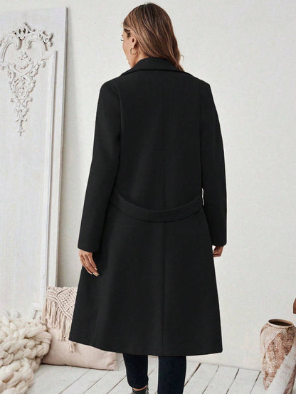 Flat Collar Solid Color Pocket With Belt Long Sleeve Autumn Winter Coat Jacket