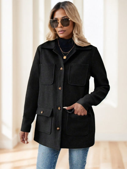 Casual Solid Color Multi-Pocket Jacket, Versatile For Autumn Winter