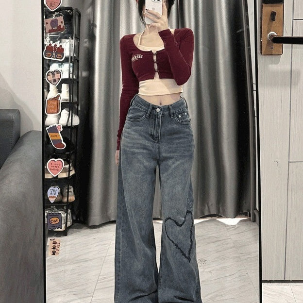 Love Embroidered Wide-leg Simple Casual Jeans