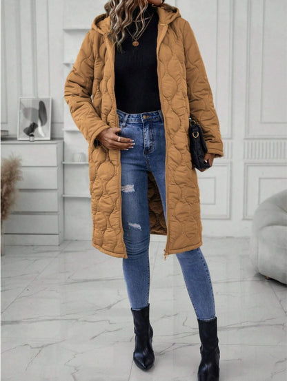 Ladies' Solid-Colored Zipper Fly Hooded Padded Coat