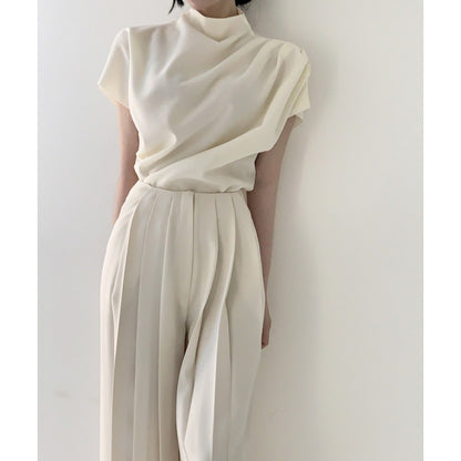 Stand Collar Pleated Sleeveless Top High Waist Pleated Wide Leg Pants Suit