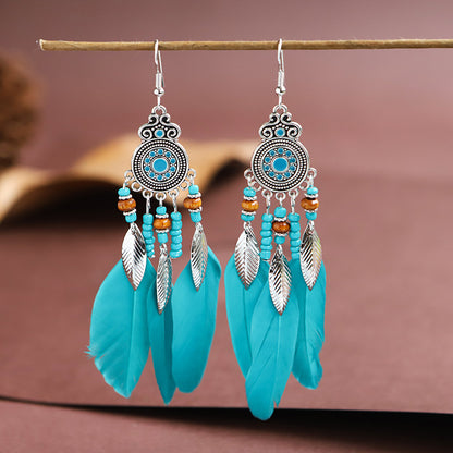 Feather Earrings Round Drop Oil Craft Earrings Retro