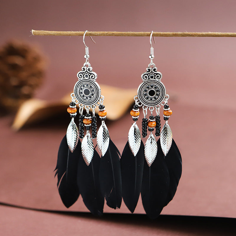 Feather Earrings Round Drop Oil Craft Earrings Retro