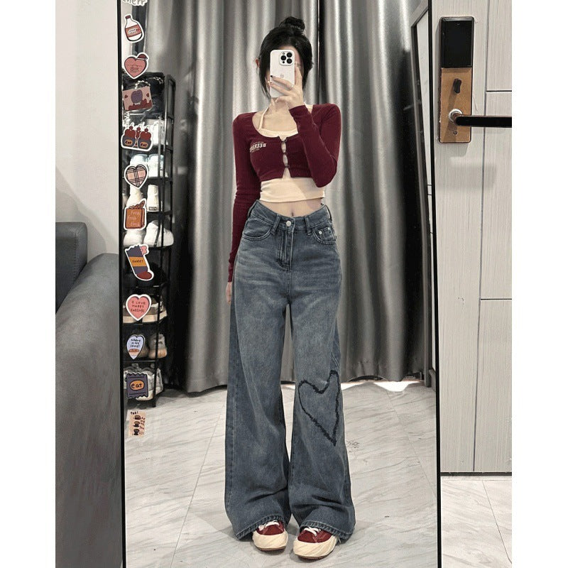 Love Embroidered Wide-leg Simple Casual Jeans