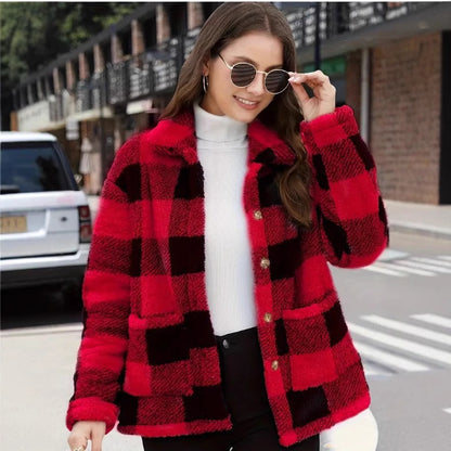Women's Plaid Plush Long-sleeved Winter Fashion Casual Jacket
