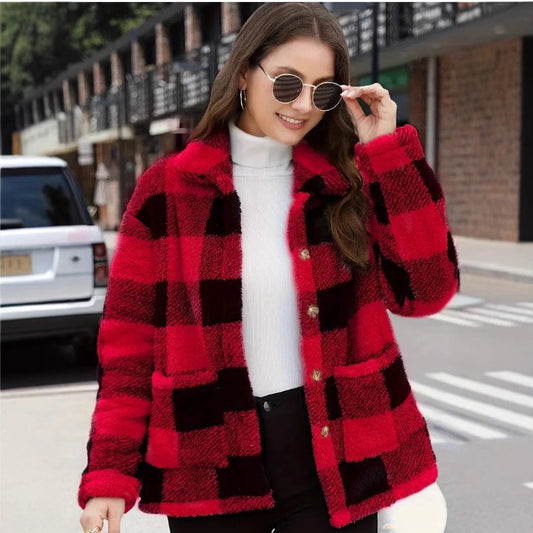 Women's Plaid Plush Long-sleeved Winter Fashion Casual Jacket