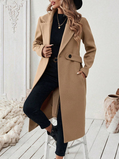 Flat Collar Solid Color Pocket With Belt Long Sleeve Autumn Winter Coat Jacket