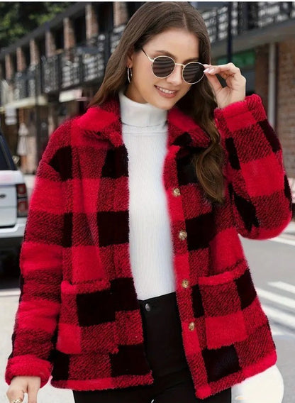 Women's Plaid Plush Long-sleeved Winter Fashion Casual Jacket