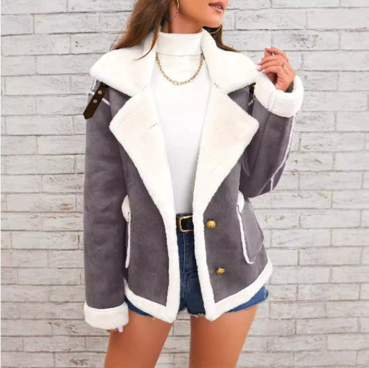 Lapel Plush Jacket, Winter Warm Casual Outwear, Women's Clothing