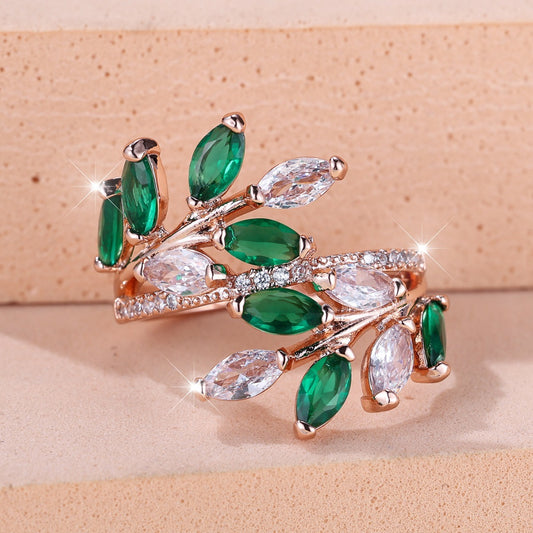 Horse Eye Zircon Leaf Ring Fashion All-match