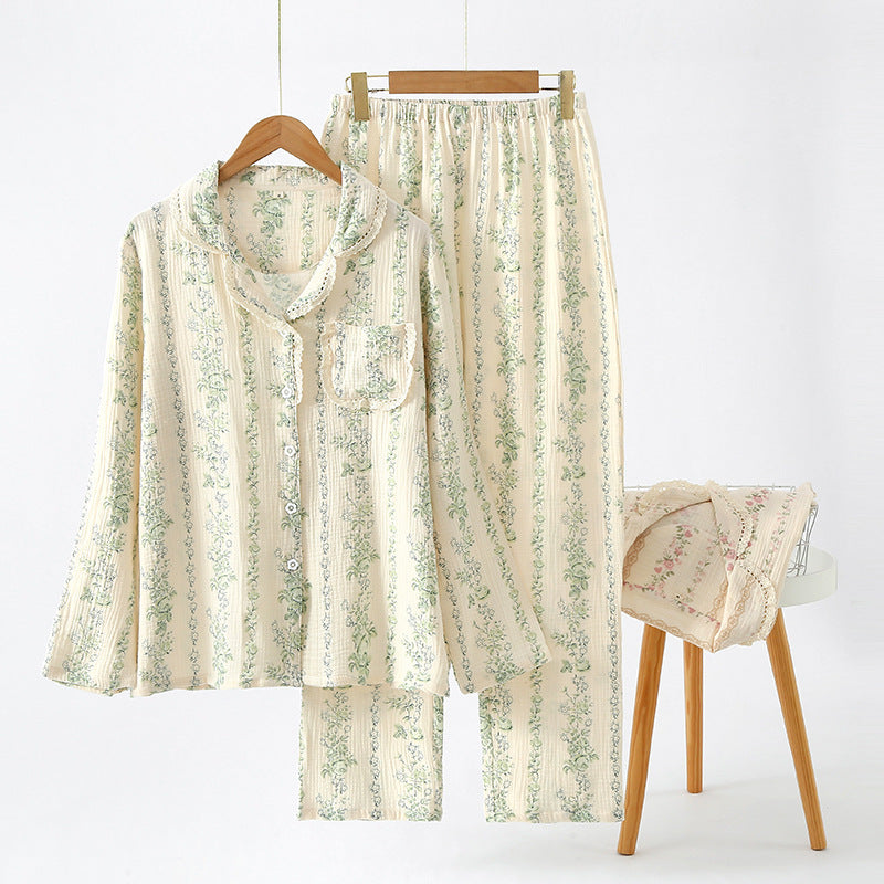 Double-layer Gauze Floral All Cotton Loose Pajamas Homewear Suit