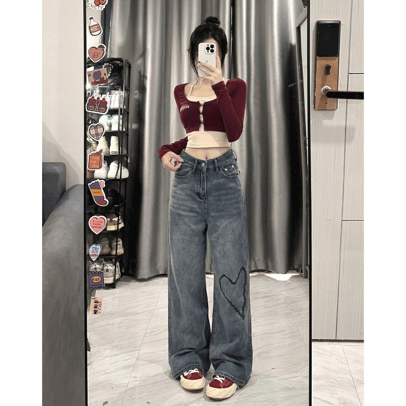 Love Embroidered Wide-leg Simple Casual Jeans