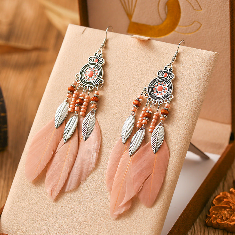 Feather Earrings Round Drop Oil Craft Earrings Retro