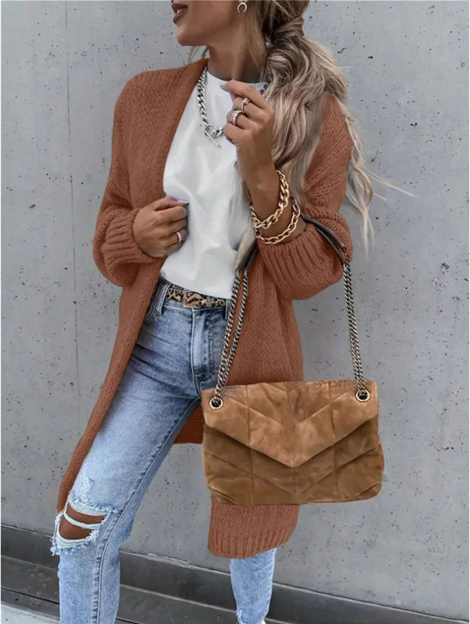 Women Solid Color Long Sleeve Casual Open Front Knit Cardigan
