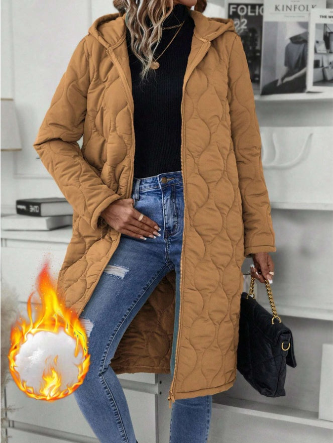 Ladies' Solid-Colored Zipper Fly Hooded Padded Coat