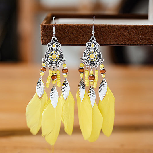 Feather Earrings Round Drop Oil Craft Earrings Retro