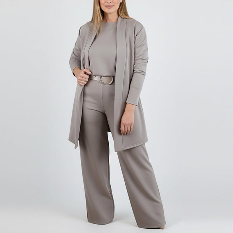 Round Neck Long Sleeve Top Belt Comfortable Blouse And Pants