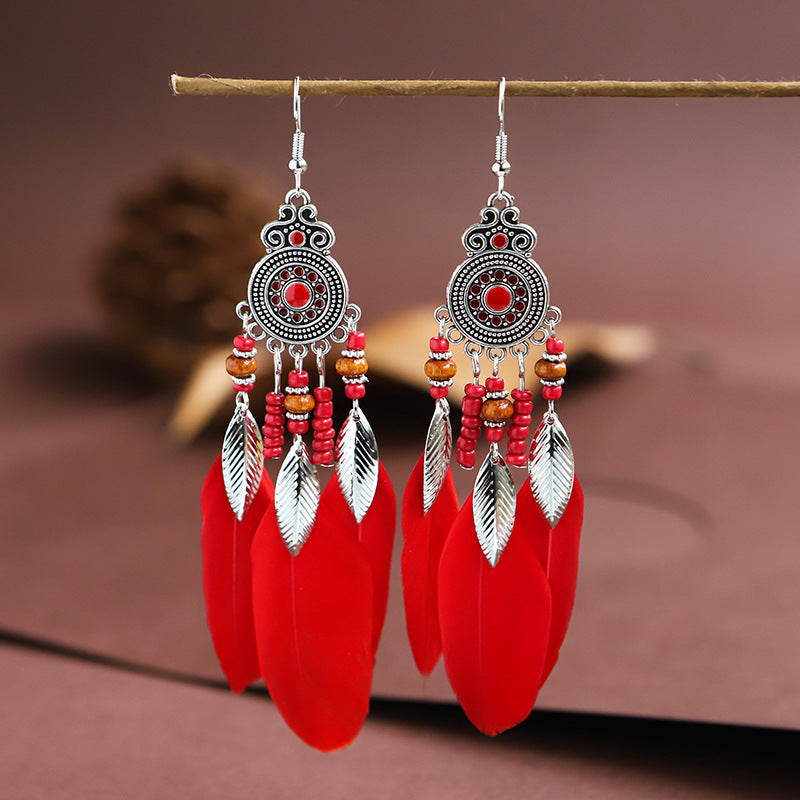 Feather Earrings Round Drop Oil Craft Earrings Retro