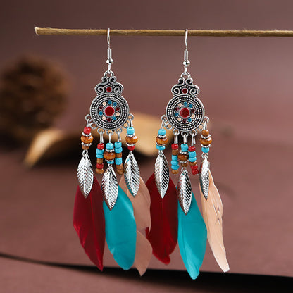 Feather Earrings Round Drop Oil Craft Earrings Retro