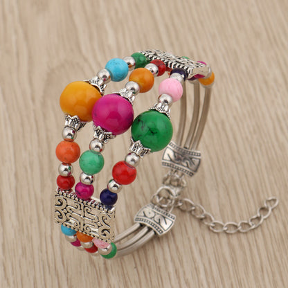 Tibetan Accessories Colorful Beads Wide Bangle Turquoise Bracelet