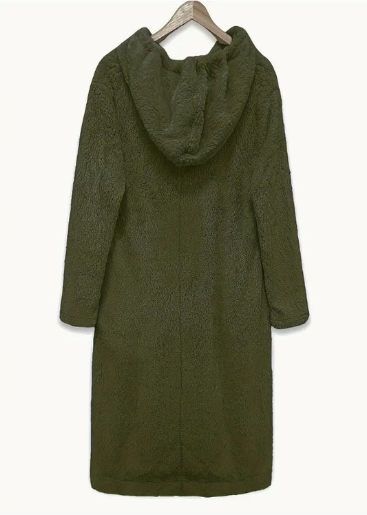 Long Sleeve Plus Size Women's Solid Fleece Drawstring Hooded Dress With Pockets