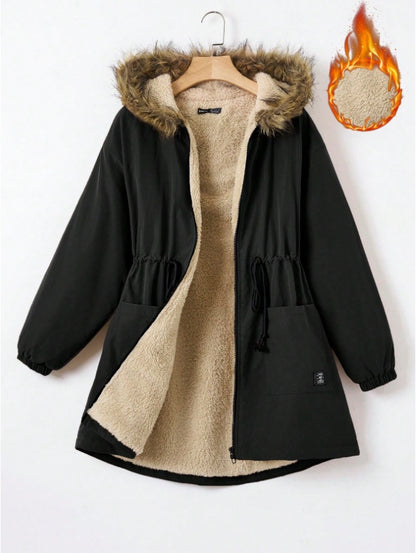 EZwear Drawstring Waist Fuzzy Trim Hooded Thermal Lined Drawstring Waist Coat