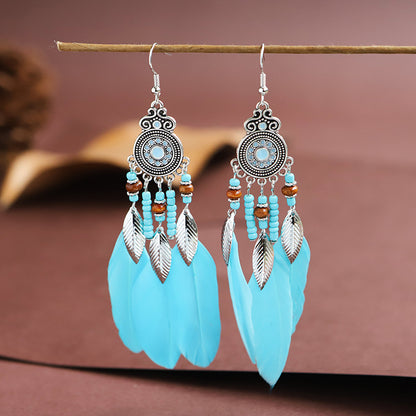 Feather Earrings Round Drop Oil Craft Earrings Retro