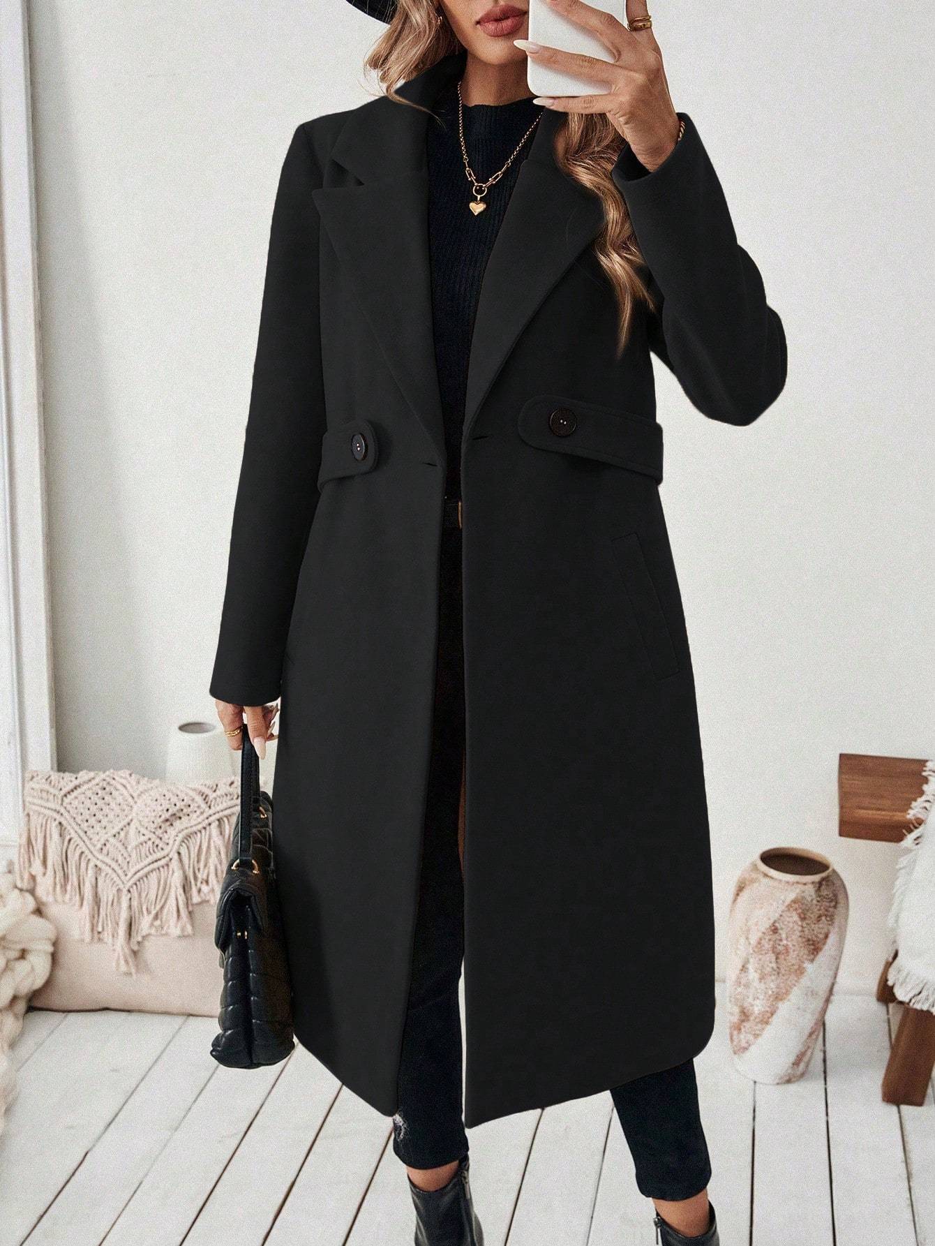 Flat Collar Solid Color Pocket With Belt Long Sleeve Autumn Winter Coat Jacket