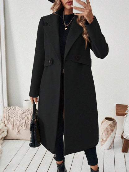 Flat Collar Solid Color Pocket With Belt Long Sleeve Autumn Winter Coat Jacket