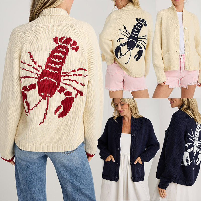 Women's Cardigan Long Sleeve Shrimp Printed Knitted