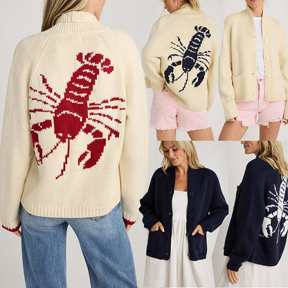 Women's Cardigan Long Sleeve Shrimp Printed Knitted