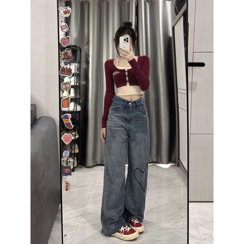 Love Embroidered Wide-leg Simple Casual Jeans