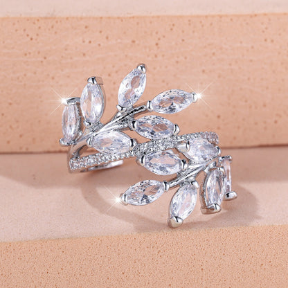 Horse Eye Zircon Leaf Ring Fashion All-match