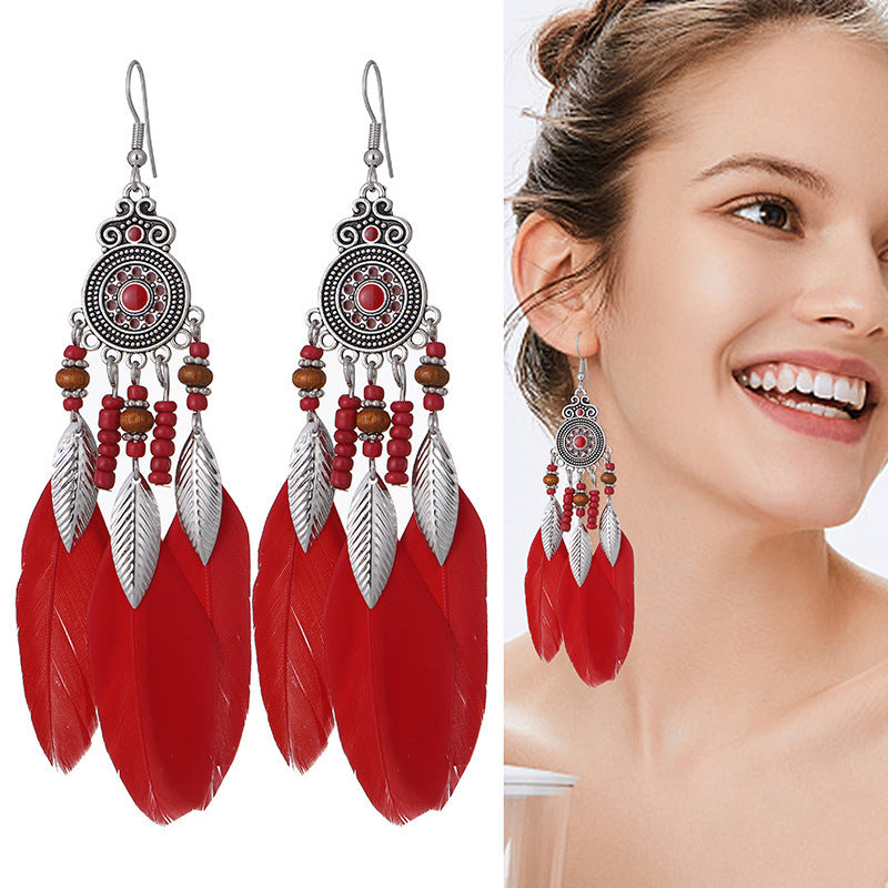 Feather Earrings Round Drop Oil Craft Earrings Retro