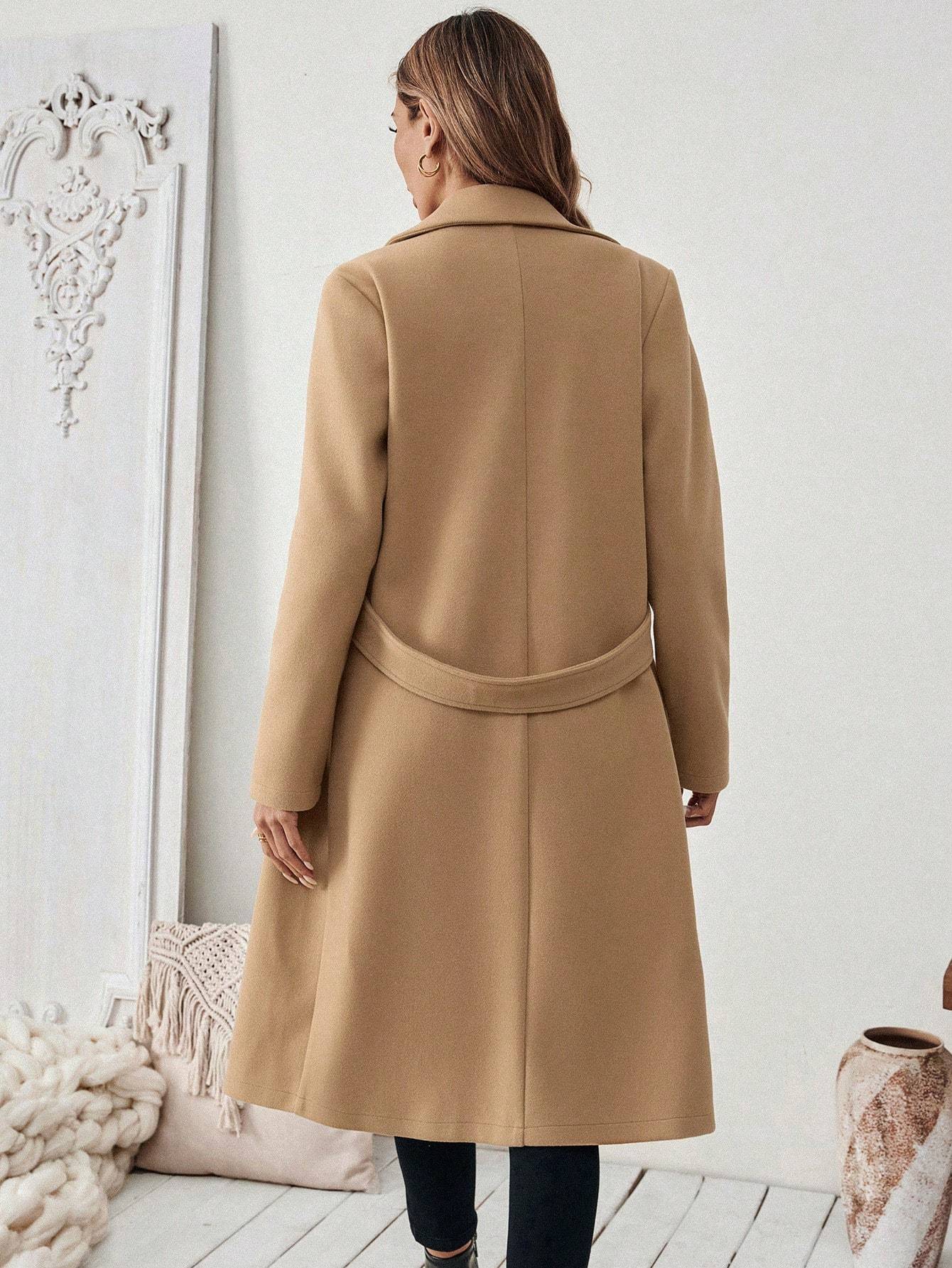 Flat Collar Solid Color Pocket With Belt Long Sleeve Autumn Winter Coat Jacket
