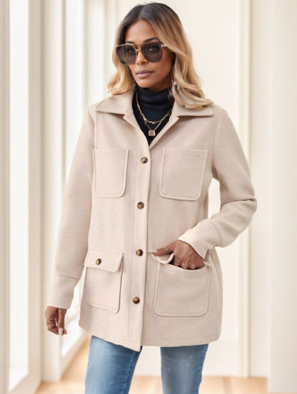 Casual Solid Color Multi-Pocket Jacket, Versatile For Autumn Winter