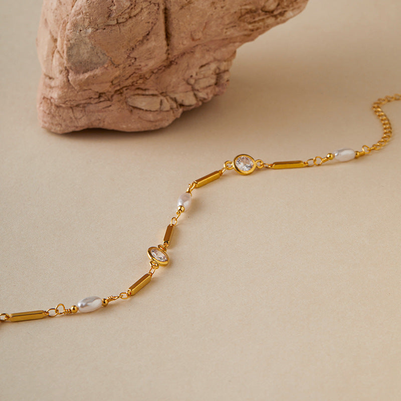 Copper Plating 18K Real Gold Color Retaining Inlaid Zircon Exquisite ABS Pearl Bracelet