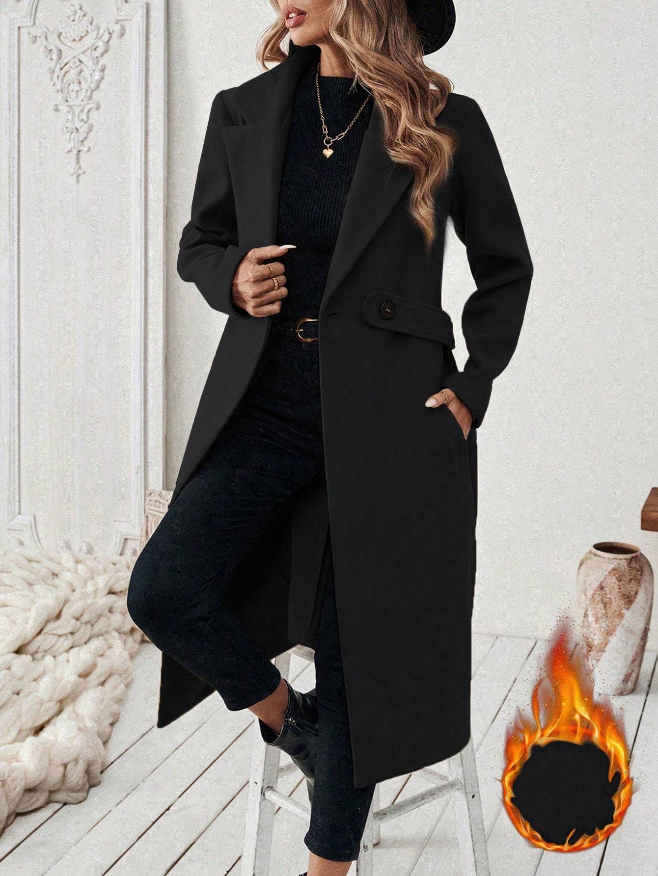 Flat Collar Solid Color Pocket With Belt Long Sleeve Autumn Winter Coat Jacket