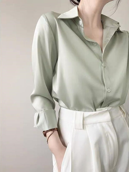 Women's High-grade Green Satin Shirt