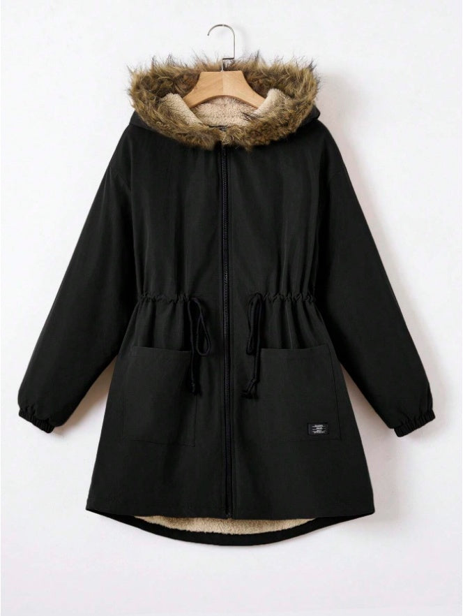 EZwear Drawstring Waist Fuzzy Trim Hooded Thermal Lined Drawstring Waist Coat